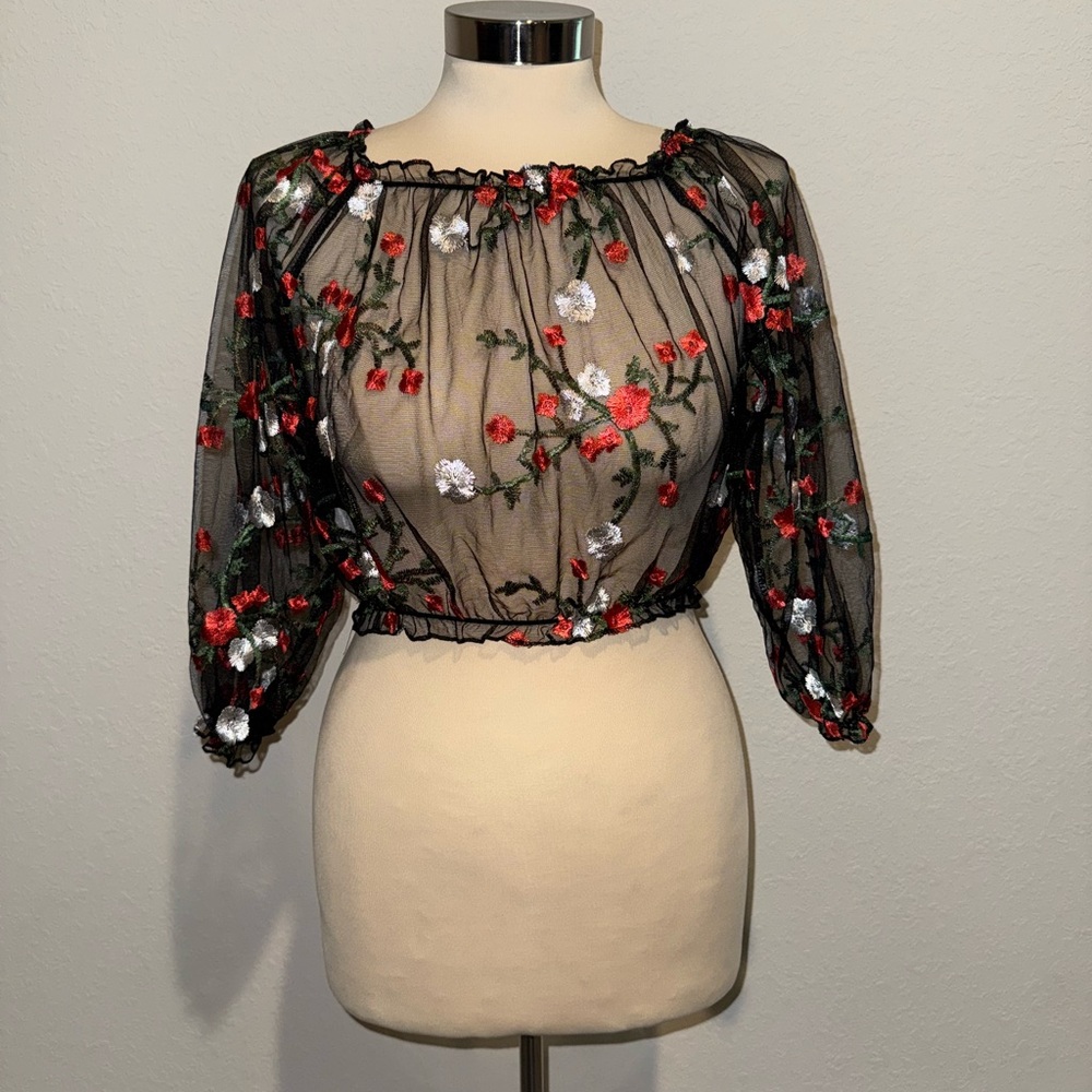 Floral Embroidered Sheer Black Crop Top